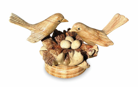 Wooden Love Birds Ornament on Wood Mushroom Nest Sculpture Handcarved Teak Gifts