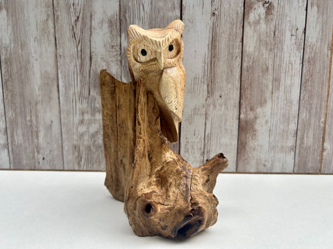 Wooden Owl Sculpture Driftwood Bird Ornament Wood Log Carved Tawny Owl on Stump