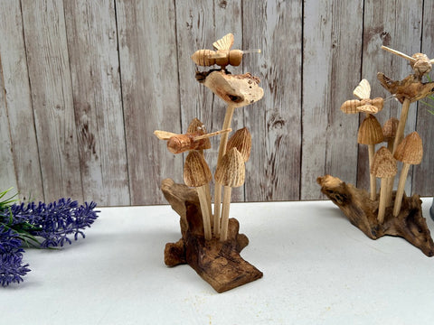 Mushroom Bee Wood Ornament Bumble Bees Statue Sculpture Teak Root Handmade Unique