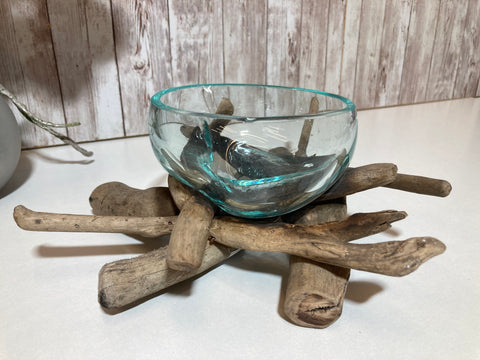 Molten Glass Bowl on Driftwood Twigs Ornament Rustic Vase Trinket Jar - Medium