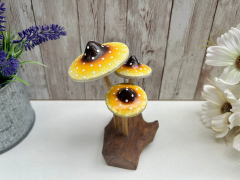 Wooden Mushroom Sculpture Toadstool Amanita Yellow Fungus Driftwood Ornament Gift