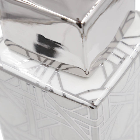 Square Ginger Jar White and Silver Geometric Decorative Vase Lidded Storage 23cm