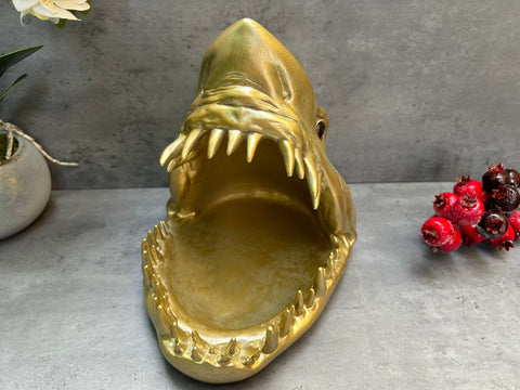 Funky Great White Shark Mouth Dish Bowl - Oddments Pot Pourri Fruit Nuts - Gold