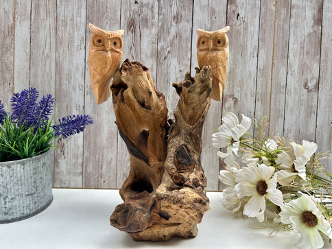 Tawny Owl Couple Pair on Driftwood Wooden Base Sculpture Ornament Gift