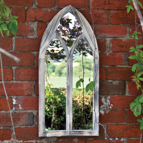 75cm Gothic Style White Distressed Garden Mirror - Indoor/Outdoor Use