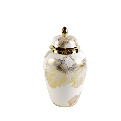 Floral Ginger Jar Gold Ceramic Storage White Chinese Temple Display Vase 31cm