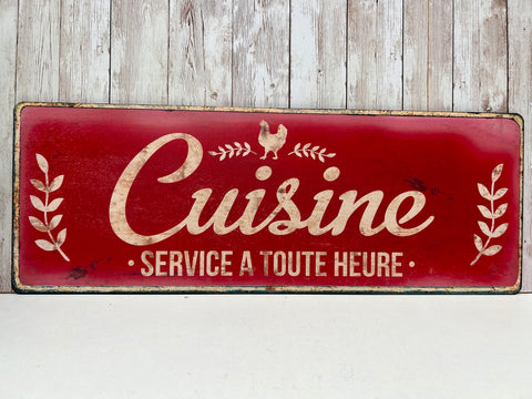 Long Red Kitchen French Cuisine Metal Wall Sign Plaque Decor Distressed 52cm