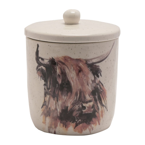 Cookie Jar Biscuit Barrel Ceramic Storage Jar Canister with Lid Highland Cow Kitchen White Speckled Finish