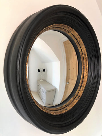 Antiqued Black Convex Fisheye Porthole Mirror Round Glass Gold Distress Rim 74cm