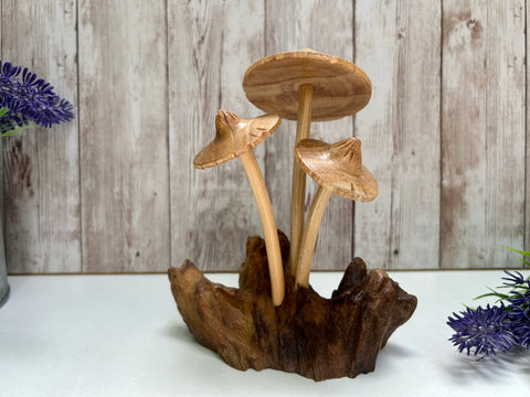 Wooden Parasol Mushroom Toadstool Sculpture Hand Carved Driftwood Root Ornament