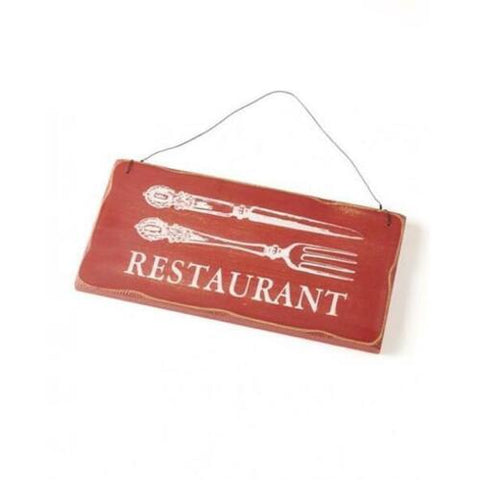 Red Hanging Wooden Sign Plaque Restaurant Knife Fork Shabby Chic Style