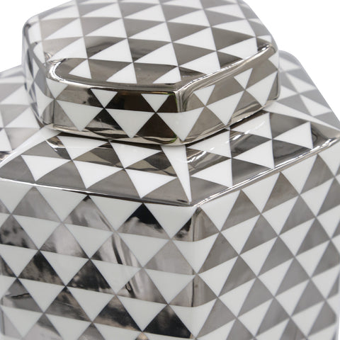 Hexagonal Ginger Jar Ceramic Silver White Storage Oriental Display Vase Lid 24cm