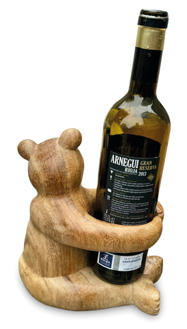 Wooden Wine Bottle Holder Hugging Teddy Bear Stand Freestanding Wood Table Decoration