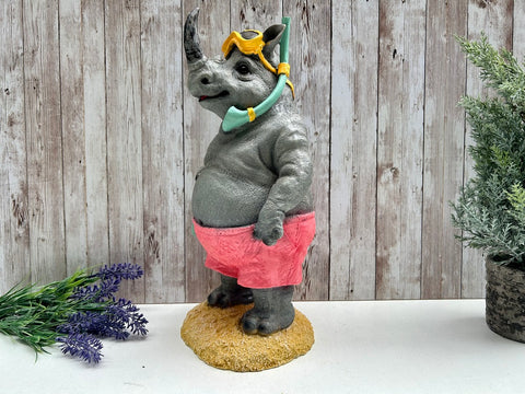Beach Rhino Figurine Snorkeler Gift Rhinoceros Animal Ornament Novelty Statue 
