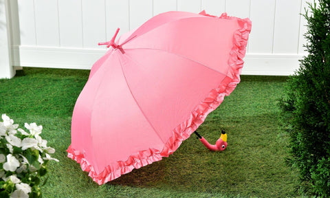 Flamingo Umbrella Pink Frilly Edge Straight Brolly Automatic Open Freestanding