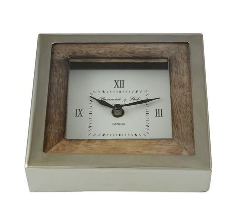 Contemporary Wooden Tilted Table Desk Clock Silver Metal Wedge Shape 15x10cm