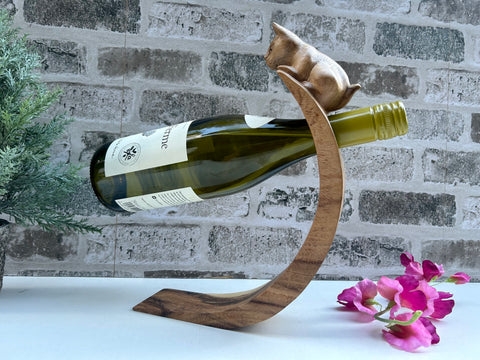 Cat Wine Bottle Holder Wooden Tabletop Decoration Balancer Handcarved Wood Rack 