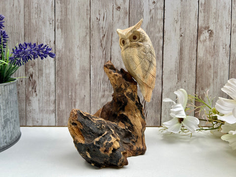 Wooden Owl Sculpture Driftwood Bird Ornament Wood Log Carved Tawny Owl on Stump