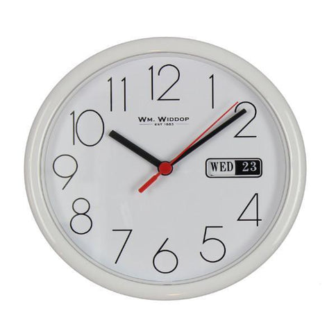 White Round Wall Clock with Day and Date Display 21cm