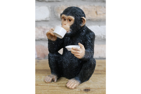 Monkey Figurine Chimpanzee Tea Chimp Ornament Cup of Tea Statue Indoor Outdoor Garden