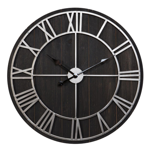 Large Brown Black Wooden Wall Clock Round Silver Metal Roman Numerals 70cm Rustic MDF