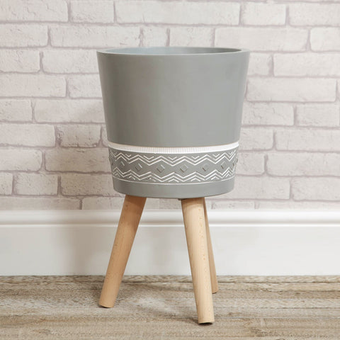 Large Grey Planter Pot on Wooden Tripod Legs Stand Garden or Home 54cm