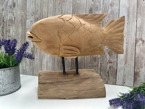 Koi Carp Fish Ornament Fishing Decor Angler Gift Hand-Carved Wood Teak Root