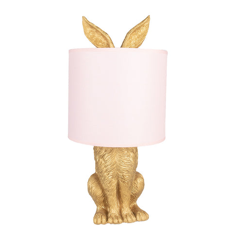 Gold Hare Rabbit Bedside Table Lamp Pink Light Shade Art Deco Novelty 43cm 60w
