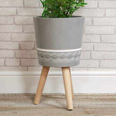 Large Grey Planter Pot on Wooden Tripod Legs Stand Garden or Home 54cm