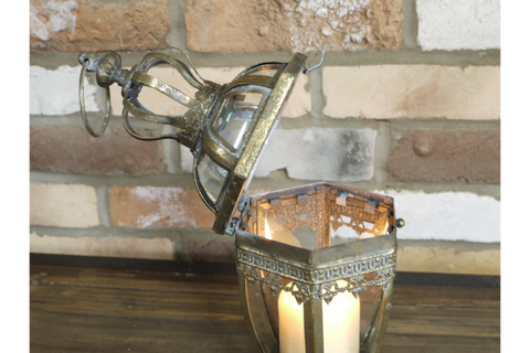 Glass Metal Lantern Candle Tealight Holder Crown Gold Vintage Antique Style 34cm