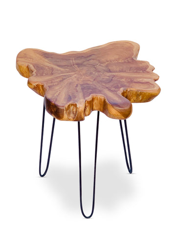 Rustic Teak Root Side Table Carved Wooden End Lamp Table Industrial Black Metal Legs 