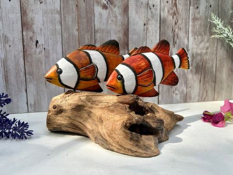 Clown Fish On Driftwood Ornament Coral Reef Sculpture Hand-Carved Wood Sealife