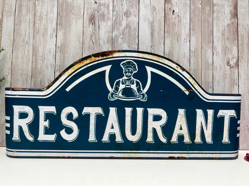 Restaurant Sign Retro Blue French Vintage Style Plaque Metal Cafe Kitchen 46cm