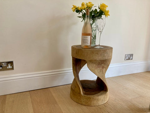 Round Teak Root Table Hand Carved Solid Wood Stool End Side Lamp Table Abstract