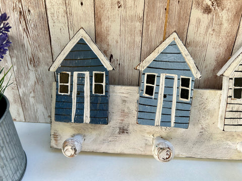 Wood Beach Hut Coat Rack Hooks Blue Rustic Seaside Coastal Wall Hanger Decor 60cm