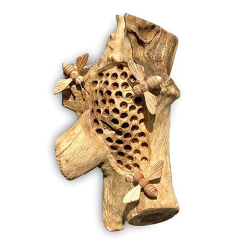 Beehive Wood Sculpture Bumble Bees Wall Ornament Hand Carved Bee Teak Root Decor