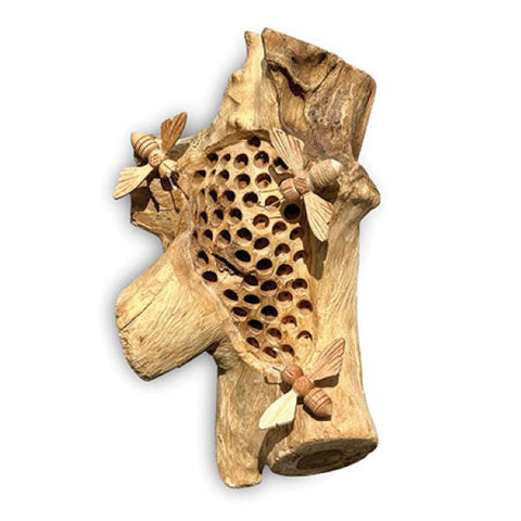 Beehive Wood Sculpture Bumble Bees Wall Ornament Hand Carved Bee Teak Root Decor