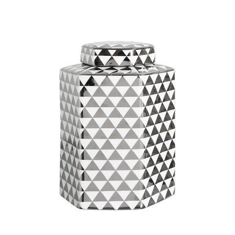 Hexagonal Ginger Jar Ceramic Silver White Storage Oriental Display Vase Lid 24cm