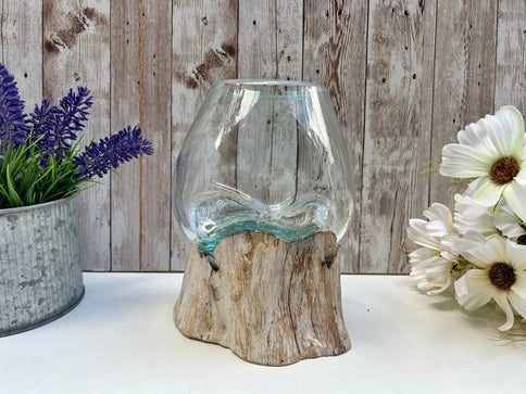 Melted Glass Bowl Drift Wood Base Ornament Rustic Planter Molten Vase Whitewash