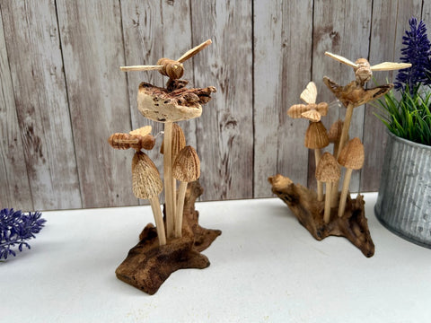 Mushroom Bee Wood Ornament Bumble Bees Statue Sculpture Teak Root Handmade Unique