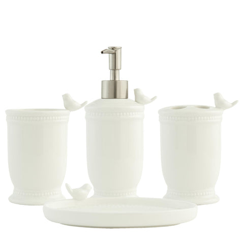Set of 4 Bathroom Accessory White Ceramic Bird Soap Dispenser Toothbrush Holder