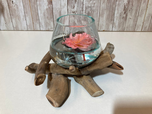 Molten Glass Bowl on Driftwood Twigs Ornament Rustic Vase Trinket Jar - Small