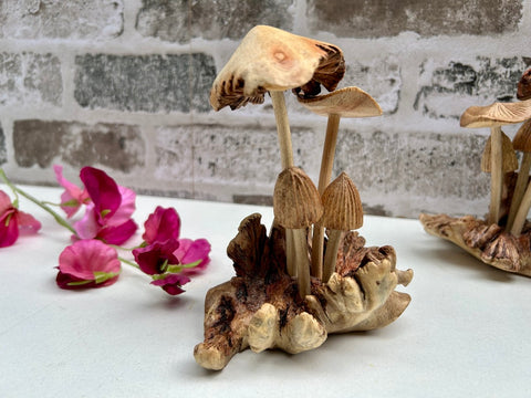 Hand-Carved Mushrooms on Teak Root Wooden Toadstool Ornament Sculpture Gift