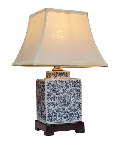 Oriental Table Lamp Square Porcelain Blue Floral Tea Caddy Chinese Light 42cm