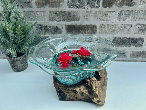 Flower Shaped Molten Glass Bowl on Root Wood Base for Sweets Pot Pourri Trinkets