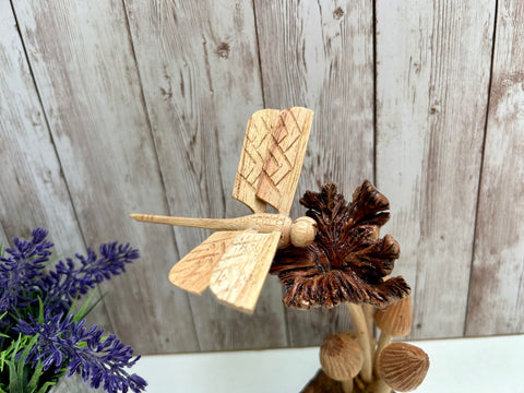 Wooden Mushroom Toadstool Sculpture Hand Carved Dragonfly Teak Root Ornament