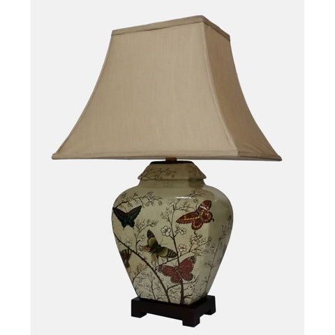 Oriental Chinese Ceramic Table Lamp with Shade Butterlies Floral Blossom Buffet