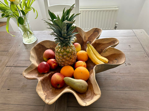 Large Wooden Bowl Fruit Sweets Nuts Oval Pot Pourri Dish Handcarved Scalloped Edge 