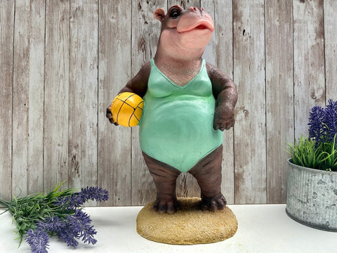 Hippo Figurine Volleyball Gift Hippopotamus Animal Ornament Novelty Statue Beach Sport 32cm