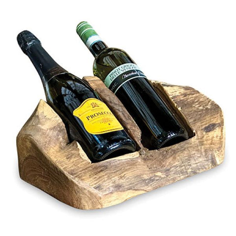 Driftwood Double Wine Bottle Holder Rustic Solid Wood Storage Rack Hand Carved